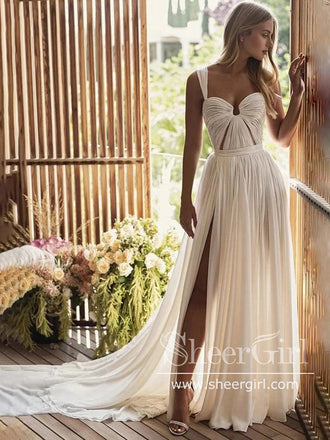 Flowy A-line Ivory Chiffon Pleated Bodice Summer Beach Wedding Dresses AWD2013-SheerGirl