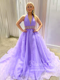 Halter Neck Pleats Bodice Prom Gown Lilac Organza Prom Dress with Rhinestones Sash ARD3049-SheerGirl