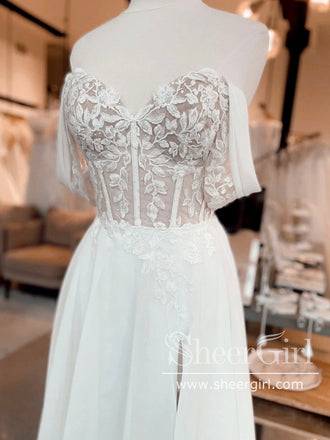 High Slit Floral Lace Chiffon Wedding Dress Off the Shoulder A Line Wedding Gown AWD1964-SheerGirl