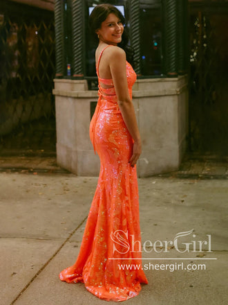 High Slit Party Dress Mermaid Evening Dress Long Prom Dress Floral Sparkly Sequins ARD3102-SheerGirl