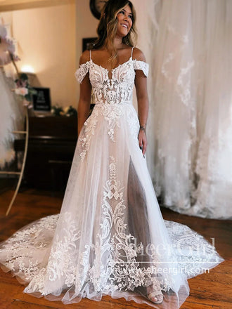 High Slit Spaghetti Straps Sweetheart Neck A Line Wedding Dress Tulle Bridal Gown with Detachable Straps AWD2027-SheerGirl