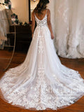 High Slit Spaghetti Straps Sweetheart Neck A Line Wedding Dress Tulle Bridal Gown with Detachable Straps AWD2027-SheerGirl