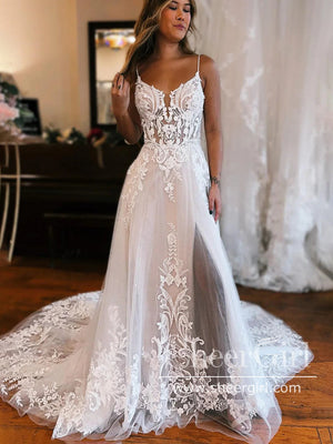 High Slit Spaghetti Straps Sweetheart Neck A Line Wedding Dress Tulle Bridal Gown with Detachable Straps AWD2027-SheerGirl