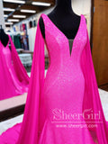 Hot Pink Detachable Cape Sleeves Sequins Mermaid Prom Gown with V Neck Sparkly Prom Dress ARD3103-SheerGirl