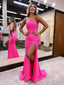 Hot Pink Sequins Lace Prom Gown Single Shoulder Sparkly Prom Dresses with Slit ARD3092
