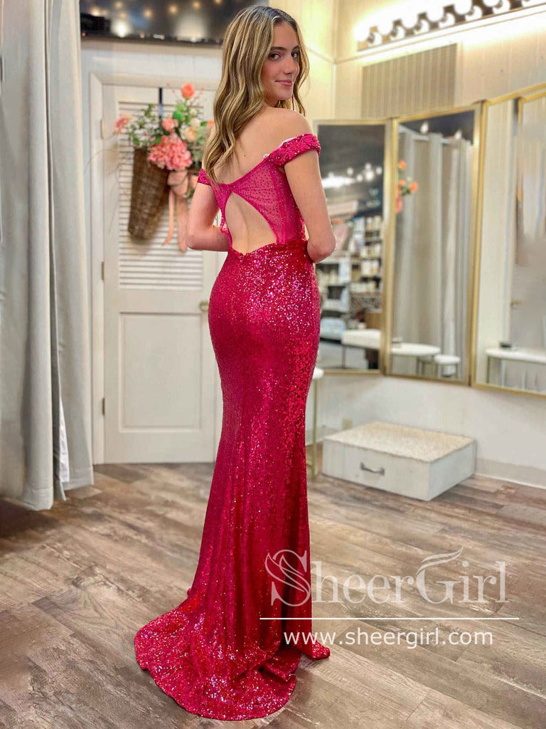 Hot Pink Sequins Sparkly Prom Gown Keyhole Back Off the Should Party Dress ARD3035-SheerGirl