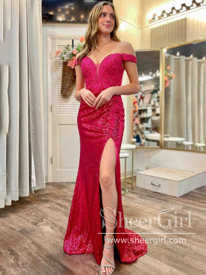 Hot Pink Sequins Sparkly Prom Gown Keyhole Back Off the Should Party Dress ARD3035-SheerGirl
