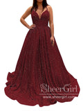 Hot Pink/Orange Sequins Prom Gown V Neck Ball Gown Sparkly Prom Dress ARD3081-SheerGirl