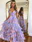 Howaii Print Chiffon Formal Dress Ruffled Layers Prom Gown Criss-Cross Straps Prom Dress ARD3095