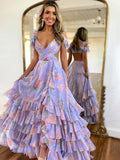 Howaii Print Chiffon Formal Dress Ruffled Layers Prom Gown Criss-Cross Straps Prom Dress ARD3095-SheerGirl