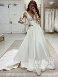 Illusion Long Sleeves A Line Satin Wedding Gown Plunge V Neck Lace Wedding Dress AWD1984-SheerGirl