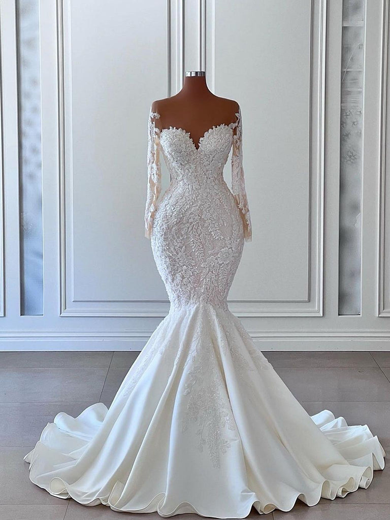Illusion Sweetheart Neck Lace Mermaid Wedding Dresses with Long Sleeves Bridal Gowns AWD2406 Illusion Sweetheart Neck Lace Mermaid Wedding Dresses with Long Sleeves Bridal Gowns AWD2406