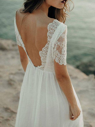 Ivory Chiffon Beach Wedding Dresses Rhinestone Belt Short Sleeve Wedding Dress AWD1162-SheerGirl