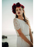 Ivory Chiffon Beach Wedding Dresses Rhinestone Belt Short Sleeve Wedding Dress AWD1162-SheerGirl