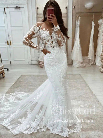 Lace Applique Bridal Dress See Through Long Sleeve Mermaid Wedding Dresses AWD1983-SheerGirl