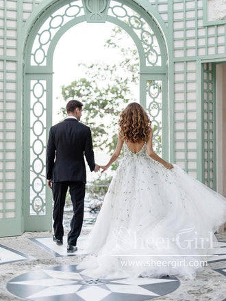 Lace Straps Square Neck Ball Gown Dress with 3D Flowers Green Leaves Wedding Dress AWD1958-SheerGirl