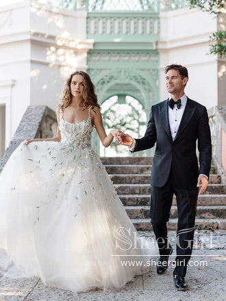 Lace Straps Square Neck Ball Gown Dress with 3D Flowers Green Leaves Wedding Dress AWD1958-SheerGirl