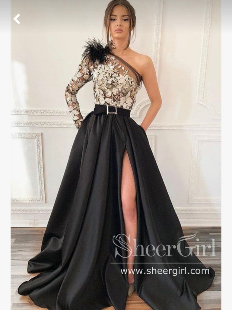 Lace Top Single Sleeve Prom Dresses Black Long Formal Dress with Hight Slit ARD2956-SheerGirl