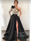 Lace Top Single Sleeve Prom Dresses Black Long Formal Dress with Hight Slit ARD2956