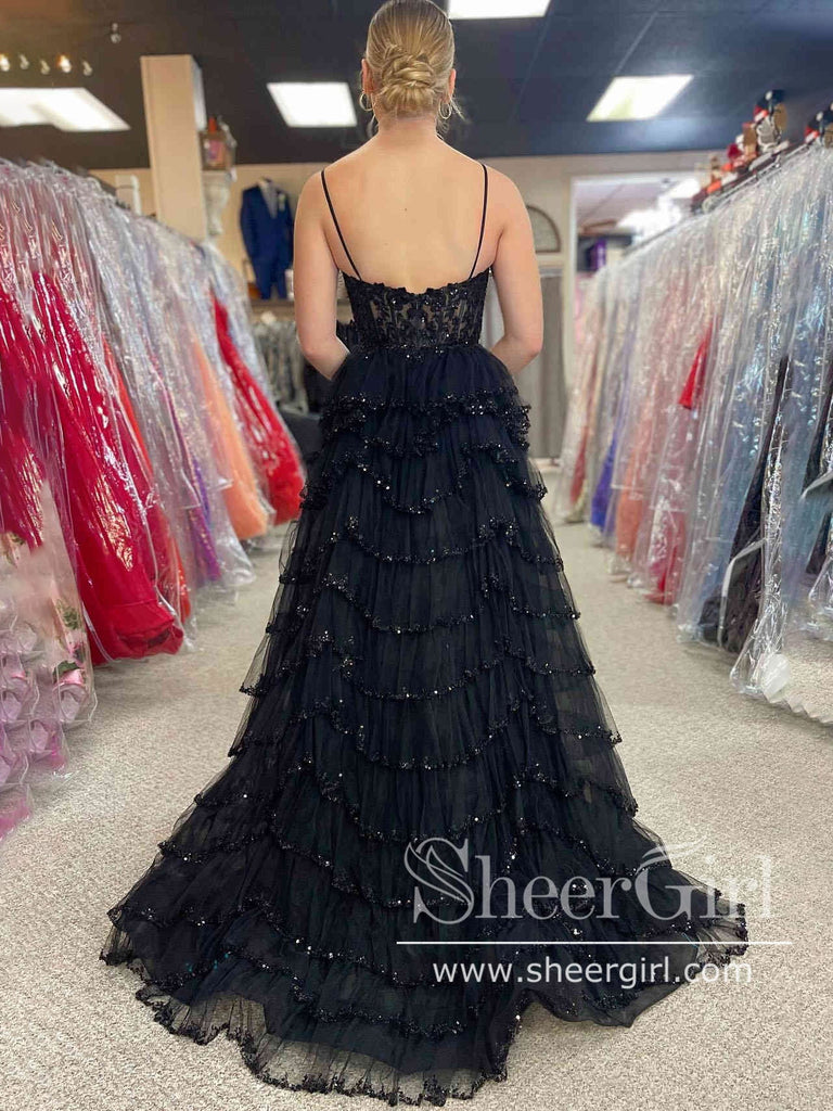 Layered Tulle Prom Gown Black Prom Dress Ball Gown Party Dress with High Slit ARD3039-SheerGirl