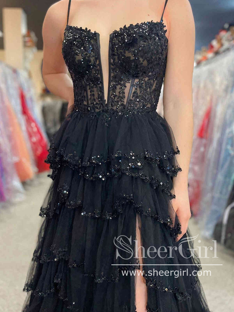 Layered Tulle Prom Gown Black Prom Dress Ball Gown Party Dress with High Slit ARD3039-SheerGirl
