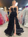 Layered Tulle Prom Gown Black Prom Dress Ball Gown Party Dress with High Slit ARD3039-SheerGirl