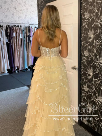 Layered Tulle Prom Gown Champagne Prom Dress Ball Gown Party Dress with High Slit ARD3039-SheerGirl