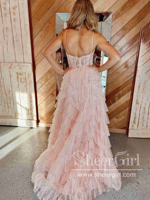Layered Tulle Prom Gown Champagne Prom Dress Ball Gown Party Dress with High Slit ARD3039-SheerGirl
