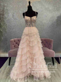 Layered Tulle Prom Gown Champagne Prom Dress Ball Gown Party Dress with High Slit ARD3039-SheerGirl