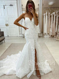 Leaves Lace Mermaid Wedding Gown with Front Slit Lace Wedding Dress AWD1985-SheerGirl