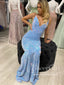 Vestido de fiesta de sirena con lentejuelas brillantes azul claro, vestido de fiesta con cuello en V ARD3021 