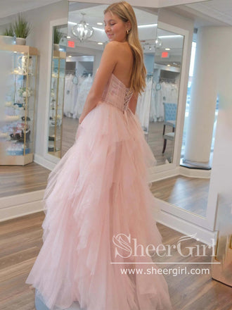 Ling Pink Strapless Sparkly Prom Gown Layered Party Dress Prom Dress ARD3031-SheerGirl