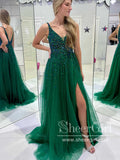 Long Backless Dark Green Sexy Prom Dresses with Slit Rhinestone See Through Evening Gowns ARD3036-SheerGirl