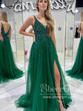 Long Backless Dark Green Sexy Prom Dresses with Slit Rhinestone See Through Evening Gowns ARD3036-SheerGirl