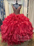 Luxurious Sweetheart Neck Gold Beads Quinceanera Dresses Tiered Sparkly Prom Dresses ARD3180-SheerGirl