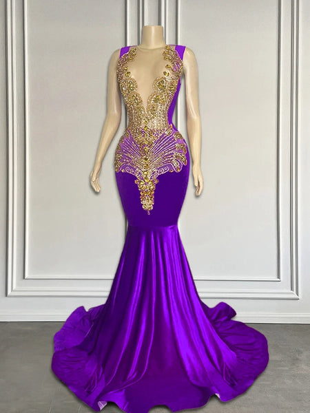 Luxury Gold Beaded Mermaid Prom Dresses For Black Girls Purple