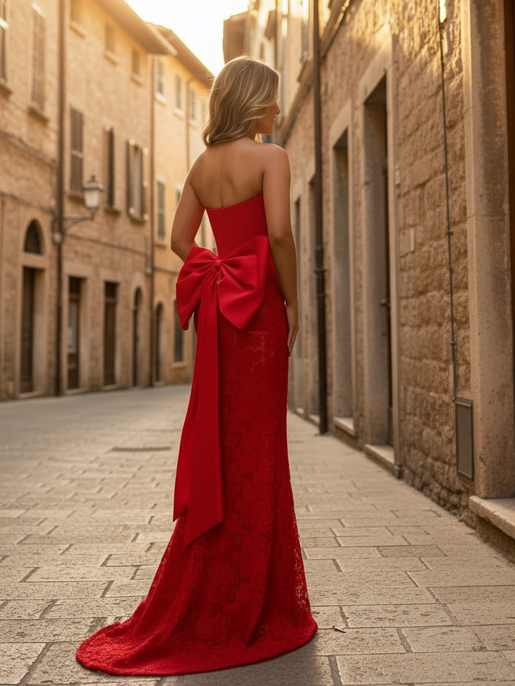 Mermaid Lace and Satin Slit Red Prom Dresses with Big Bow ARD3185 Mermaid Lace and Satin Slit Red Prom Dresses with Big Bow ARD3185