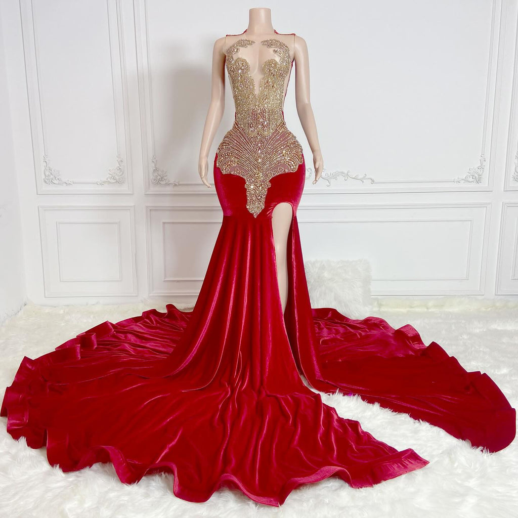 Mermaid Red Velvet with Gold Beaded Prom Dresses with Slit ARD3181 SheerGirl Mermaid Red Velvet with Gold Beaded Prom Dresses with Slit ARD3181 SheerGirl