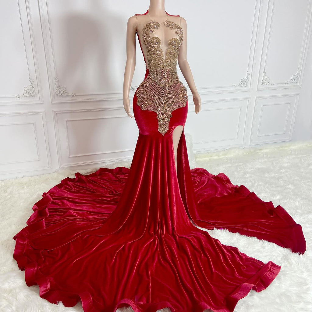 Mermaid Red Velvet with Gold Beaded Prom Dresses with Slit ARD3181 Mermaid Red Velvet with Gold Beaded Prom Dresses with Slit ARD3181
