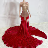Mermaid Red Velvet with Gold Beaded Prom Dresses with Slit ARD3181-SheerGirl
