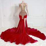 Mermaid Red Velvet with Gold Beaded Prom Dresses with Slit ARD3183-SheerGirl