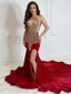 Mermaid Red Velvet with Gold Beaded Prom Dresses with Slit ARD3183