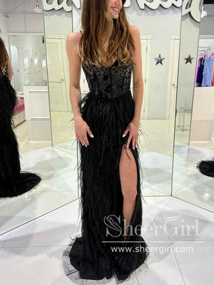 Mirror Sequins Bodice Sheath Prom Dress High Slit Party Dress with Feather ARD3037-SheerGirl