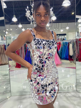 Mirror Sequins Sparkly Homecoming Dress Square Neck Short Prom Dress ARD2997-SheerGirl