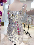 Mirror Sequins Sparkly Homecoming Dress Square Neck Short Prom Dress ARD2997-SheerGirl