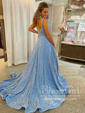 Ocean Blue Sequins Sparkly Prom Dresses A Line Formal Dress Ball Gown Party Dress ARD2933-SheerGirl