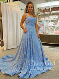 Ocean Blue Sequins Sparkly Prom Dresses A Line Formal Dress Ball Gown Party Dress ARD2933-SheerGirl