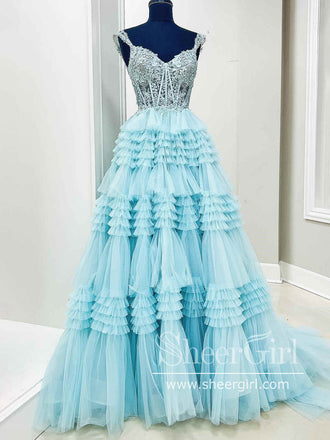 Off the Shoulder Appliqued Bodice Layered Tulle Ball Gown Ruffle Prom Dress ARD3027-SheerGirl