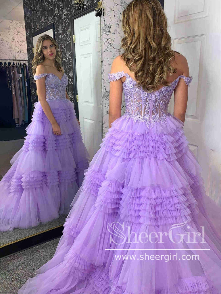 Off the Shoulder Appliqued Bodice Layered Tulle Ball Gown Ruffle Prom Dress ARD3027-SheerGirl