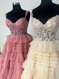 Off the Shoulder Appliqued Bodice Layered Tulle Ball Gown Ruffle Prom Dress ARD3027-SheerGirl